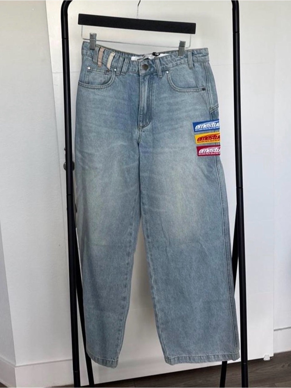 Light Blue Men’s Relaxed Jeans with Patch Detail